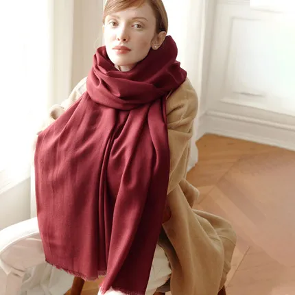 Beige Шарф из чистой шерсти, зимний женский однотонный большой шарф из пашмины с кисточками, брендовые теплые шарфы из мериносовой шерсти, красные шарфы для женщин - Цвет: Beige
