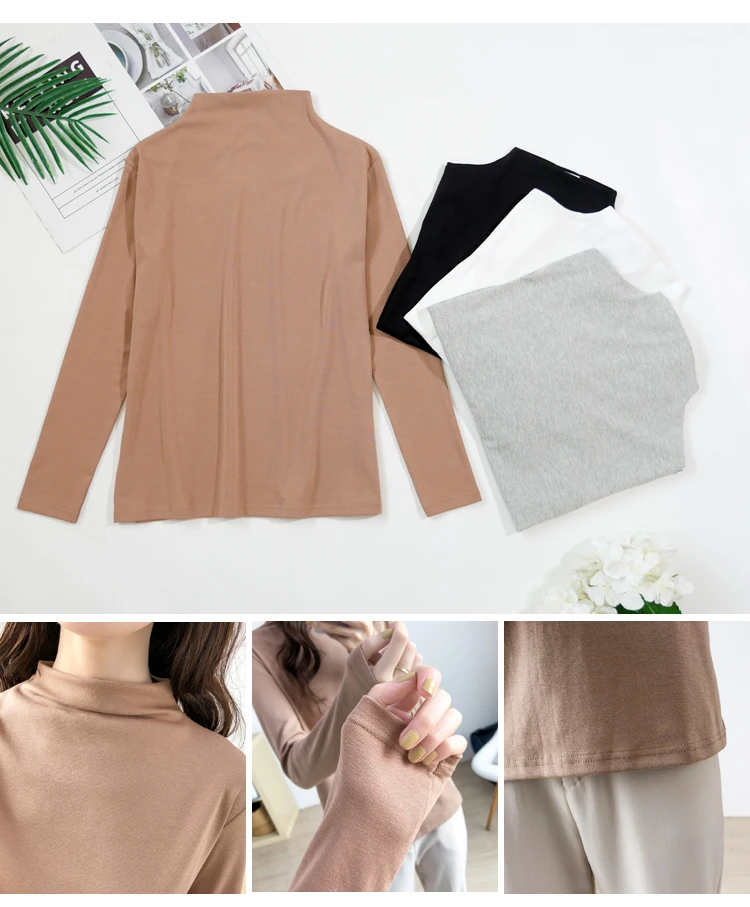 Knit Cotton Middle Collar khaki Long Sleeve Large Size Bottoming Shirt Plus Size Pregnancy Women Clothing Top