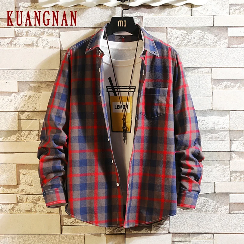 KUANGNAN красная клетчатая рубашка Harajuku мужские модные рубашки с длинным рукавом
