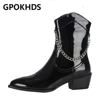 

GPOKHDS 2021 women ankle boots Patent Leather winter short plush zippers chain pointed toe high heels female Western boots