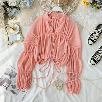 

lantern sleeved women blouse and shirts v-neck long-sleeved solid pink black pink chiffon bandage elegant shirts outwear tops