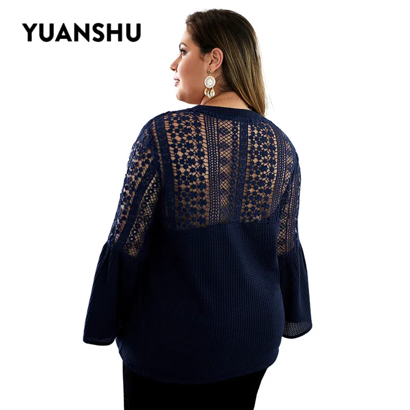 Cena YUANSHU elegancki Plus rozmiar koronkowa bluzka z dzianiny kobiety pojedyncze łuszcz drążą Flare rękawem topy XL 4XL duże rozmiary kobiet ubrania