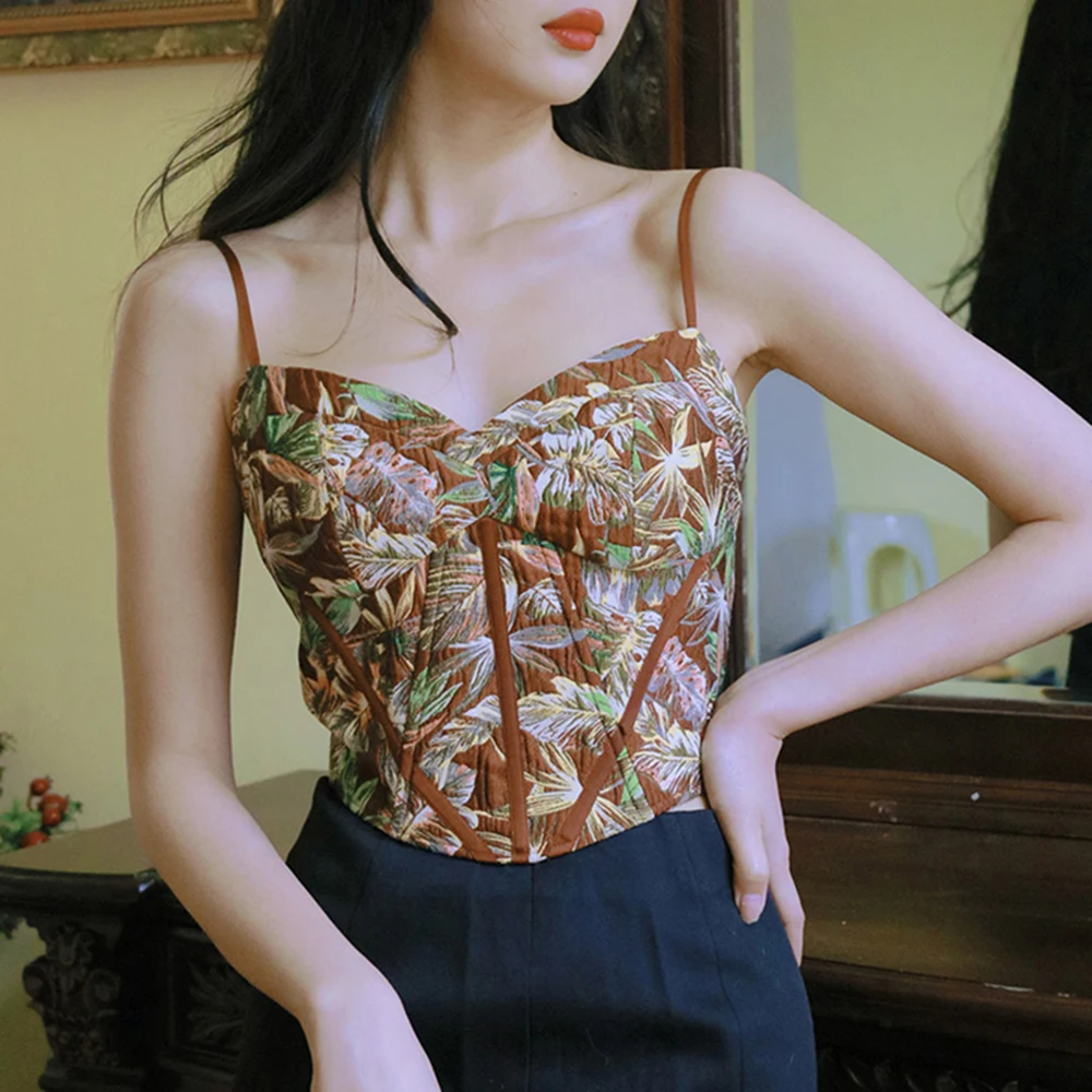 Floral Sexy Bustiers Crop Top Women French Vintage Corset Tops To Wear Out Lace Up Corsets Sexy Camisole Party Club Outfits