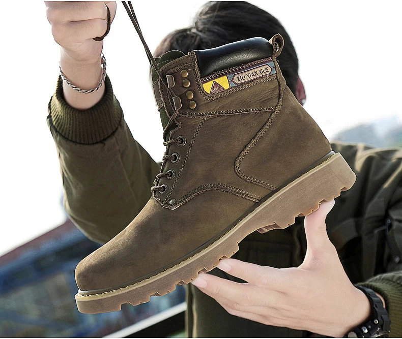Мужские ботинки из натуральной кожи; плюшевые теплые зимние ботинки на меху; армейские ботинки; сезон осень-зима; Мужская водонепроницаемая обувь размера плюс