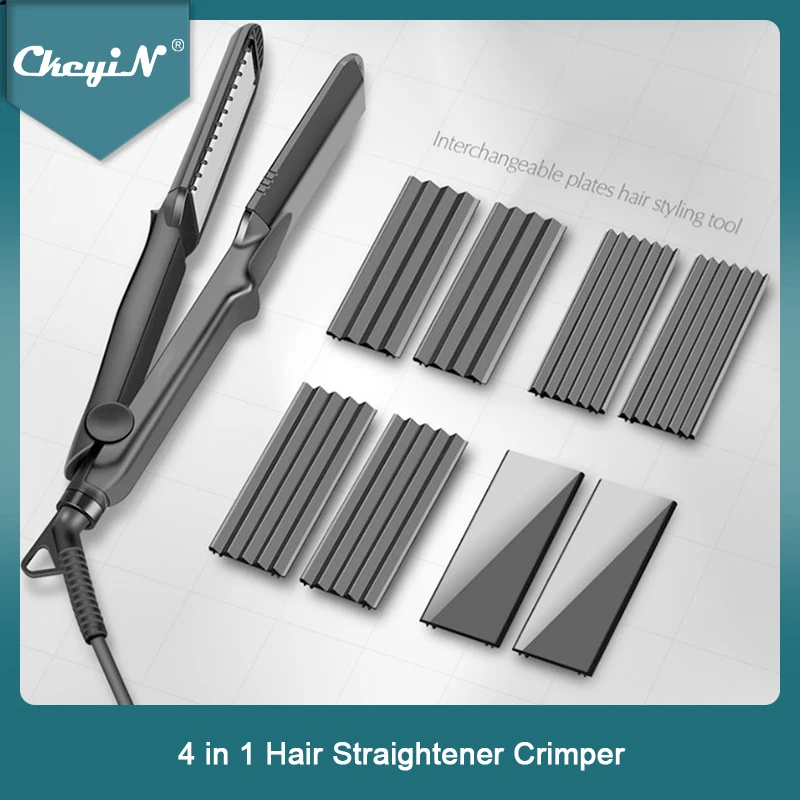 Professional 4 in 1 Hair Straightener Crimper Ceramic Hair Curler Styler Interchangeable Plates Corrugated Curling Flat Iron 38