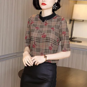 

New Hot 2020 Women's Summer High Fashion Stand Collar With Button Printed Plaid Blouse Shirts Female Casual Loose t Elegant Tops