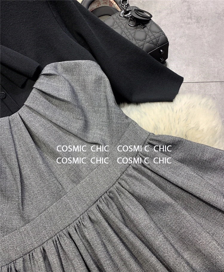 Cosmicchic Women Fake Two Pieces Long Dress Bow Scarf Collar High Waist Vintage Maxi Party Dresses Autumn Winter Warm Dress