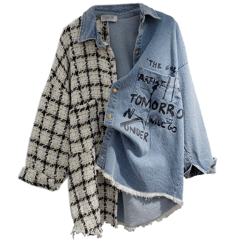 Tweed Patchwork Women Denim Shirt Jacket Lapel