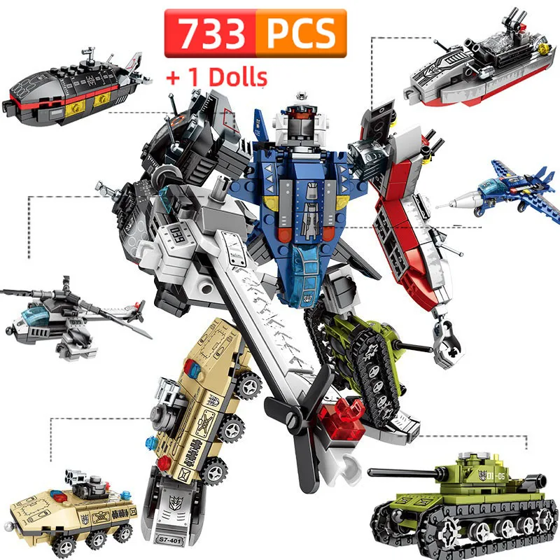 

6 in 1 Transformation Robot Building blocks City Engineering Fighter Truck Constructor Bricks Helicopter Set Toy for Children