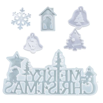 

6Pcs Christmas Theme Silicone Resin Casting Mold Kit Epoxy Resin Pendant Mold with Hanging Hole Snowflake Xmas Tree Elk Bell Tag