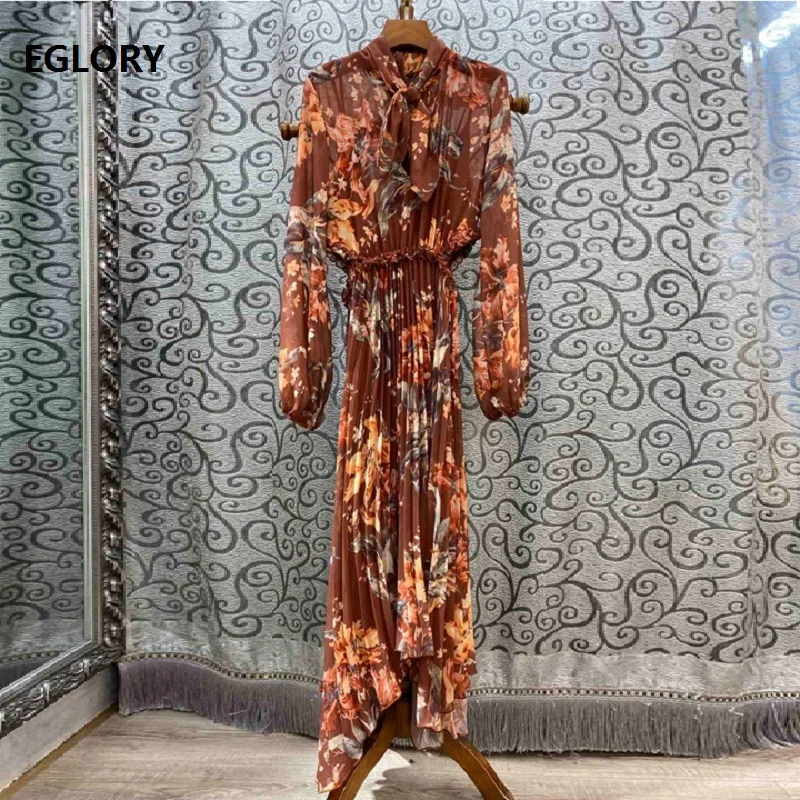 

Bow Tie Elegant Long Dress 2019 Autumn Style Women Vintage Flower Print Long Sleeve Pleated Long Maxi Dress Casual Party Ladies