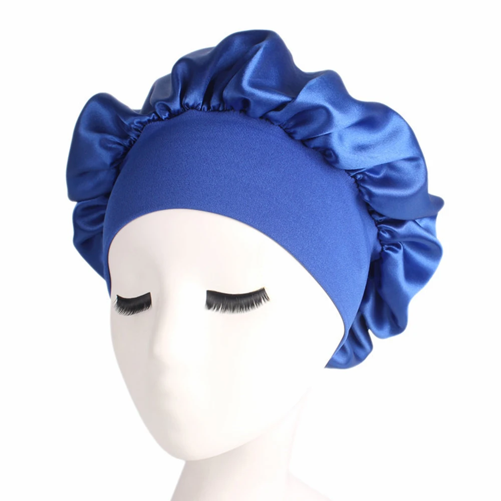 royal blue 58cm Solid Color Long Hair Care Women Satin Bonnet Cap Night Sleep Hat Silk Head Wrap Adjust Shower Cap - Цвет: royal blue