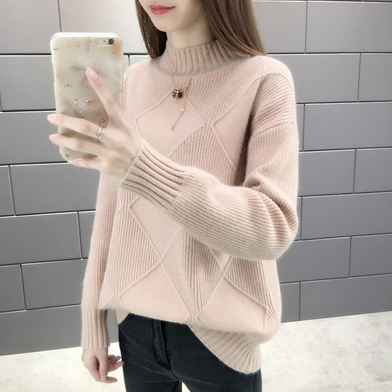 2019 New Fashion Women Sweaters Autumn Winter Elastic Pullovers Female Solid Long Sleeve Half Turtleneck Casual Female Tops 1003