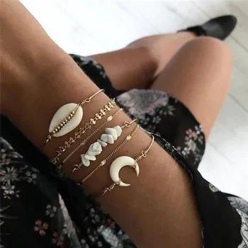 

6Pcs/Set Natural Stone Shell Moon Charm Bracelet Gold Color Boho Bracelet Bangle For Women Girl Party Jewelry Gift