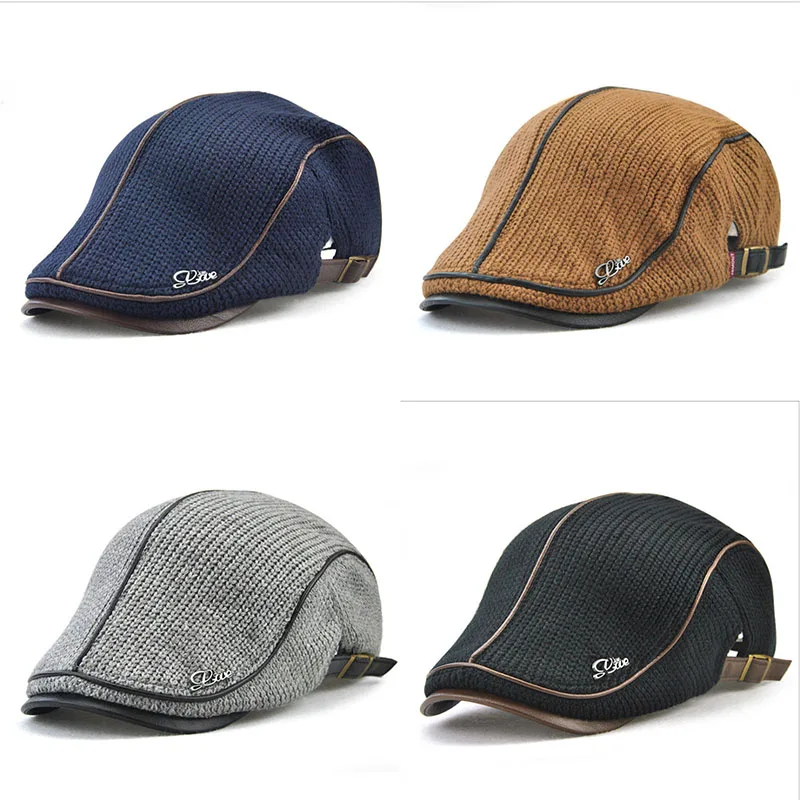 

Autumn Winter Visor Flat Caps Men Knitted Berets Male Vintage Elastic Driver Hat British Style Leather Classic Directors Cap
