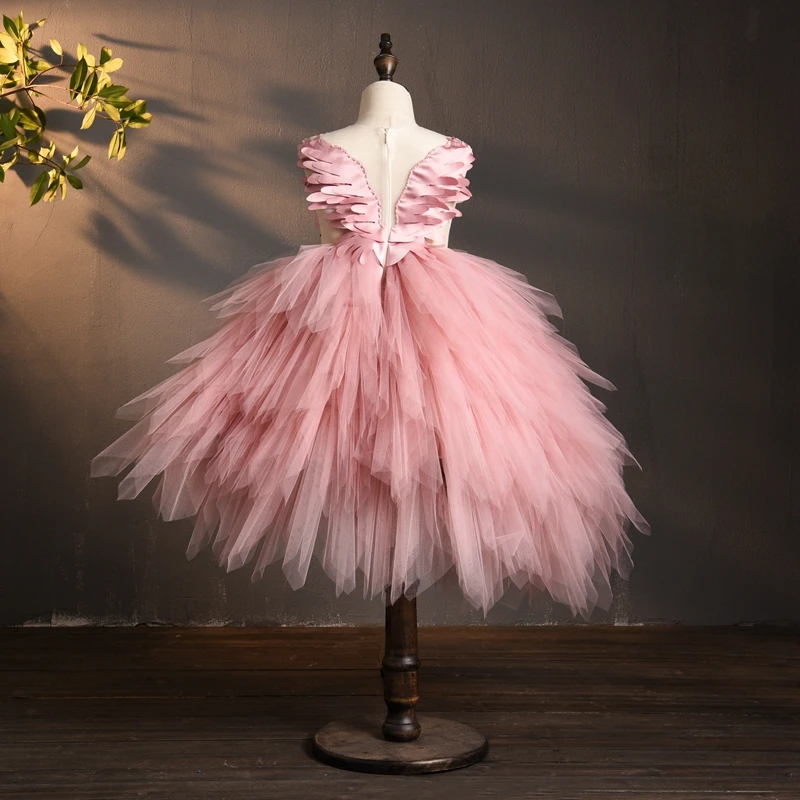 Elegant Swan Crystal Tulle Trailing Flower Girl Dress Evening Gown Kids Pageant Dress Birthday Party Feather Lace Princess Dress little girl skirt dress