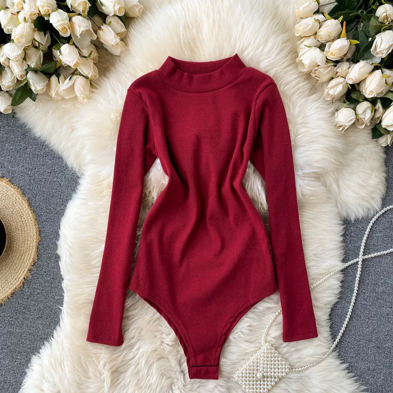 

Women Bodysuits Turtleneck Long Sleeve Elastic Slim Elegant Femme Jumpsuits Autumn Winter Clothing Female Streetwear