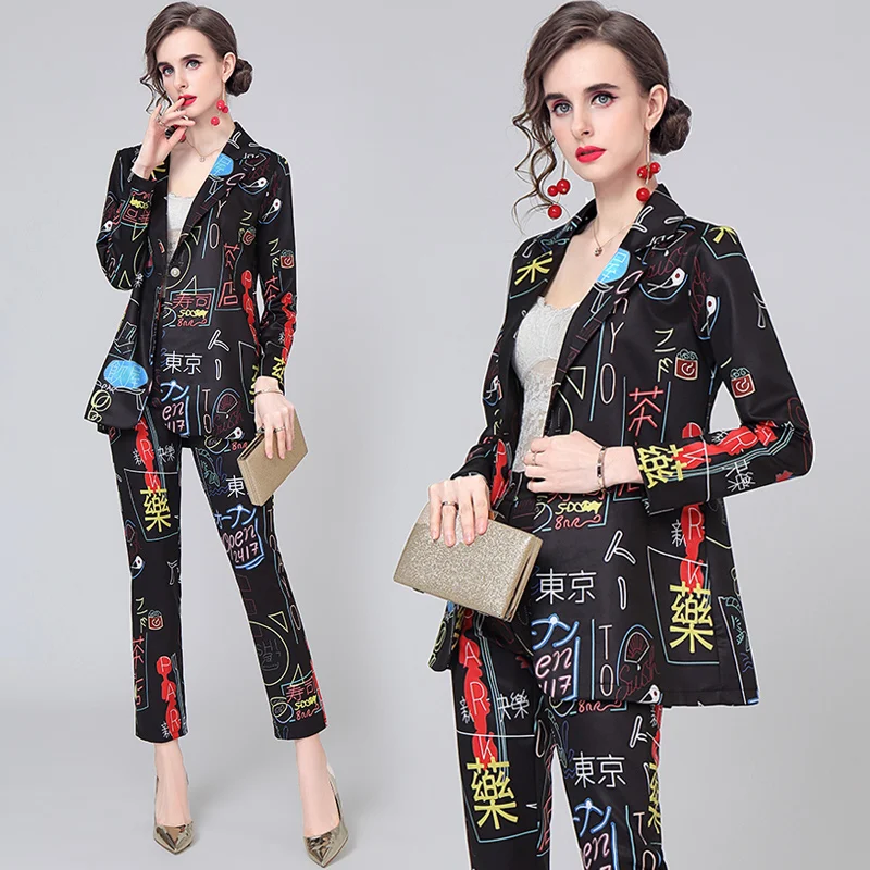 

Autumn Chic Graffiti Print Suit Jacket Skinny Pants Fashion Elegant Slightly Office Lady Suit Turn-down Collar Button LOOSE Set