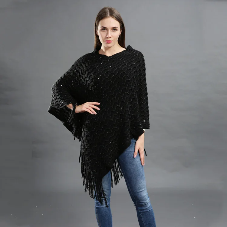 

Plus Size Knitted Pullover Women Poncho Batwing Solid Striped Sequin Scarf Winter Thick Tassel Sweater Sleeve Poncho And Capes