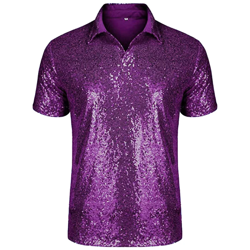 dark purple Блестящая Королевская Синяя Мужская рубашка поло с блестками для дискотеки, танцев, вечеринки, мужские модные рубашки поло для ночного клуба, бара, сценический костюм, Мужская одежда, США - Цвет: dark purple