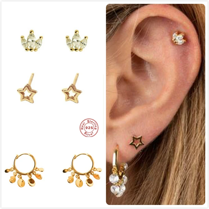 925 пробы, серебряные серьги для женщин, Золотая Корона, серьги в стиле панк, для девушек, серьги для пирсинга, женские серьги, хрящи, звезды, R5