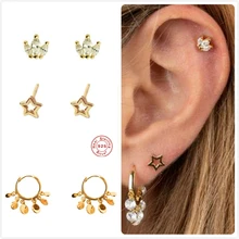 925 пробы, серебряные серьги для женщин, Золотая Корона, серьги в стиле панк, для девушек, серьги для пирсинга, женские серьги, хрящи, звезды, R5