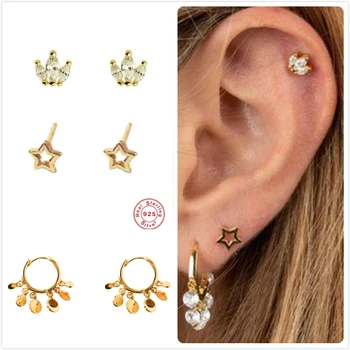 

925 Sterling Silver Earrings For Women Gold Crown Earrings Punk Girl Ear Bone Piercing Earring Female Cartilage Star aretes R5