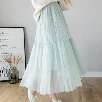 

2020 spring new mesh skirt women high waist big swing fairy skirts female A-Line pleated long skirt women Faldas Mujer