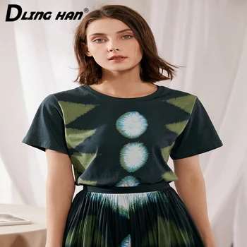 

LINGHAN Fashion Dot Print 100%Cotton T-shirt Women's Casual Short sleeve O-Neck Tees Tops Designer Spring Summer New