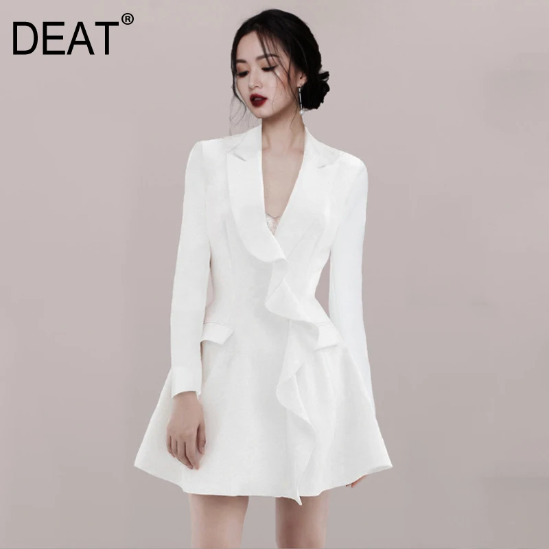 

DEAT 2019 Fashion Women Spring Ruffles Patchwork V-neck Collar A-line Dress Female High Waist White Long Sleeve Clothes TB515