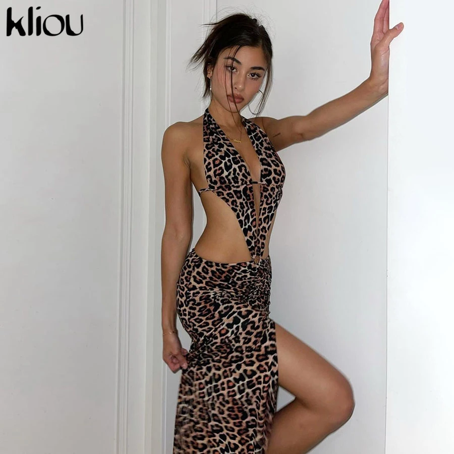 Kliou Sexy Leopard Maxi Dress Women New Sheath Lace Up Cleavage Party Midnight Skirt Hipster Sleeveless Backless Hot Club Wear zara dresses