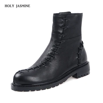 

2019 Fashion Winter Side Zipper Women Shoes Comfortable Flat Heel Boots Female Zipper Short Boots Leather Round Toe Ankle Boots