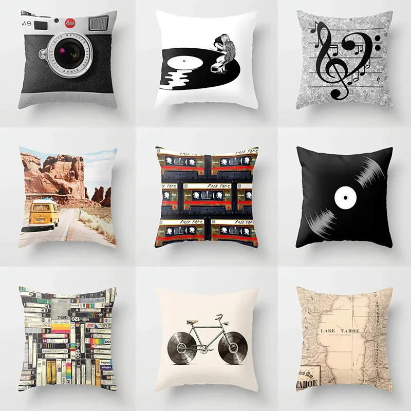 

Pillow case 45*45 New retro black and white retro record camera series printed polyester pillowcase Square decorative pillowcase