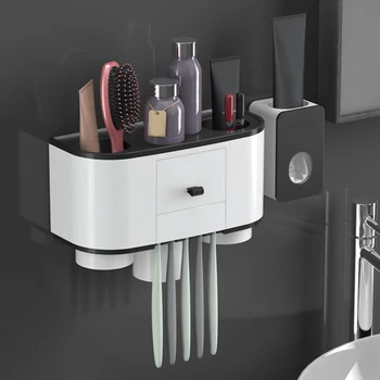 

Toothbrush Holder Automatic Toothpaste Dispenser Squeezer with Cups Storage Rack Wall Mount Shelf Bathroom Accessories Set