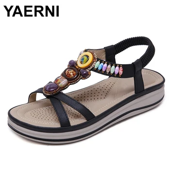 

YAERNI Women Summer Flat Platform Gladiator Sandals Gemstone Beaded Crystal Peep Toe Boho Shoes Woman Big Size Boho Sandals