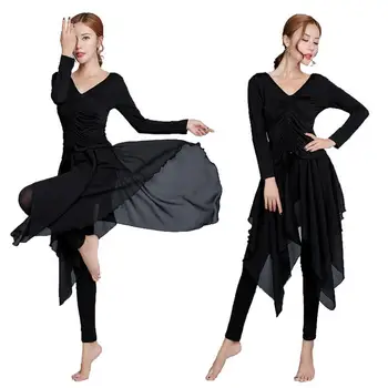 

Latin Dance Dress Suit Skirt Shirt Adult Female Dance Practice Pants Summer Pants Belly Dance Clothing Slim Long Sleeves Blakc