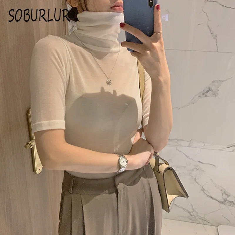 

SOBURLUR 2021 Spring Korean Women's T-Shirts Turtleneck Crop Tops Woman Clothing Elegant All-match Tunics Casual Female Jumper