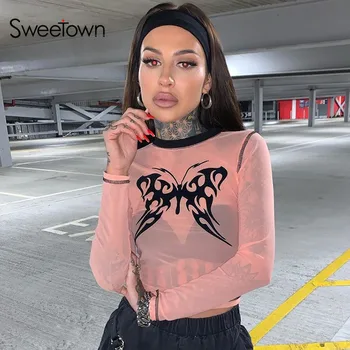 

Sweetown Transparent Sexy Mesh Summer Tops For Women Cute Butterfly Printed Party Clubwear Long Sleeve Cropped Tshirt Streetwear