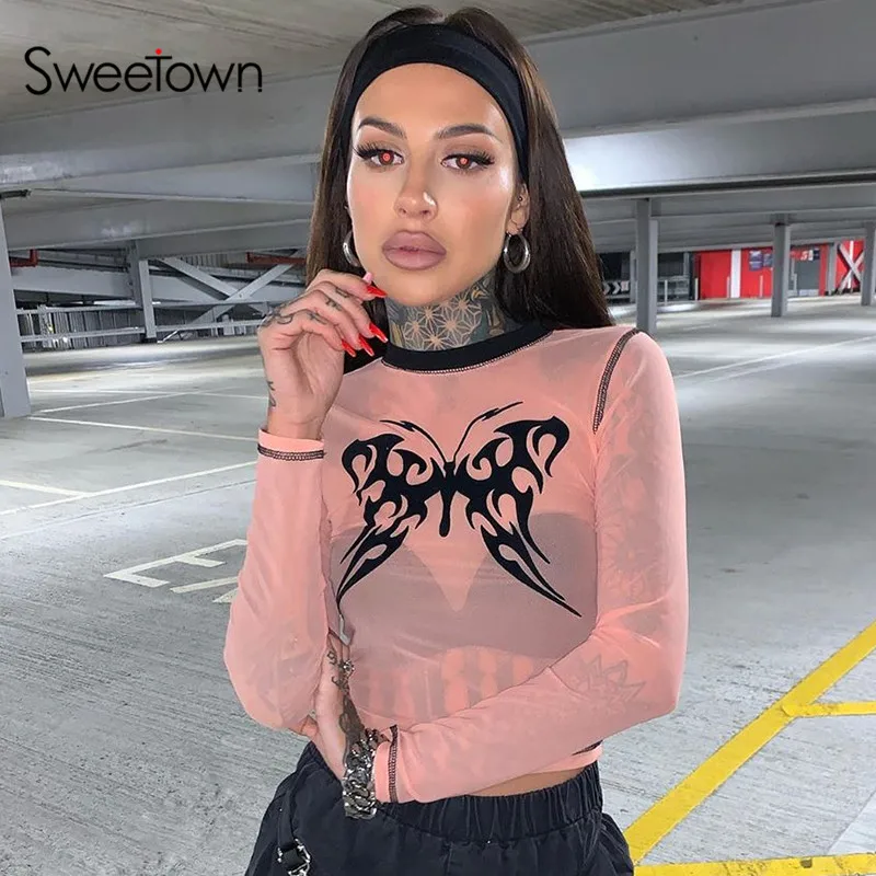 Прозрачная Сексуальная сетчатая женская футболка Sweetown С Рисунком бабочки для