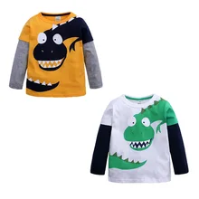 Весенне-Осенняя детская одежда; футболка для мальчиков; хлопковая детская Базовая рубашка с динозавром; одежда с длинными рукавами и вырезом лодочкой; детские топы