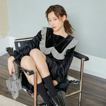 

XUXI 2020 Women Black Bodycon Autumn Dress Elegant Vintage South Korea's New Belt Velvet Robe Collar Flashlight Sleeve FZ0677