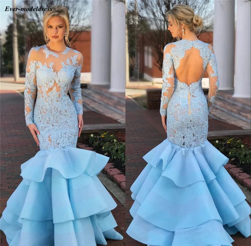 Lange Mouwen Avondjurken Mermaid Kant Applicaties Open Back Tiered Rok 2020 Formele Partij Jassen Prom Dress Robe De Soiree Lange Mouwen Avondjurken Mermaid Kant Applicaties Open Back Tiered Rok 2020 Formele Partij Jassen Prom Dress Robe De Soiree