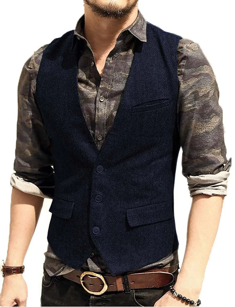 Men's Suit Vest V Neck Wool Herringbone Tweed Casual Waistcoat Formal Business Vest Groomman For Green/Black/Brown/Coffee - Цвет: Navy