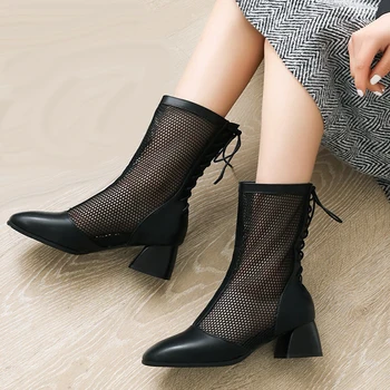 

Karinluna New Dropship Plus Size 46 Air Mesh Shoes Women Leisure Square Heels Summer mid-calf Boots Woman