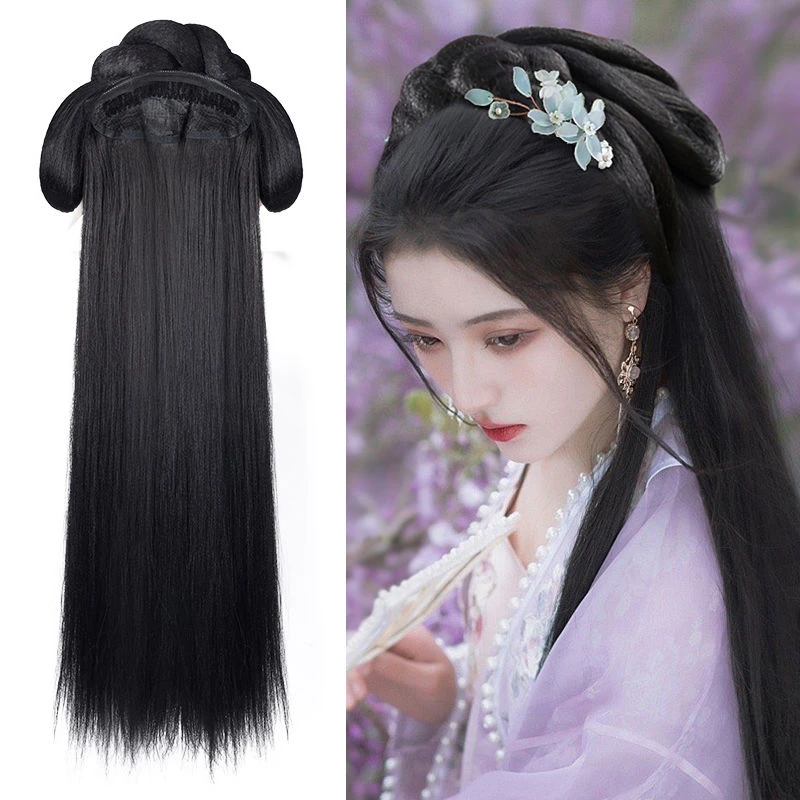Cosplay Hanfu Chinese Ancient Style Wig Piece Women Vintage Synthesis Black Headgear Straight False Wig naruto costume