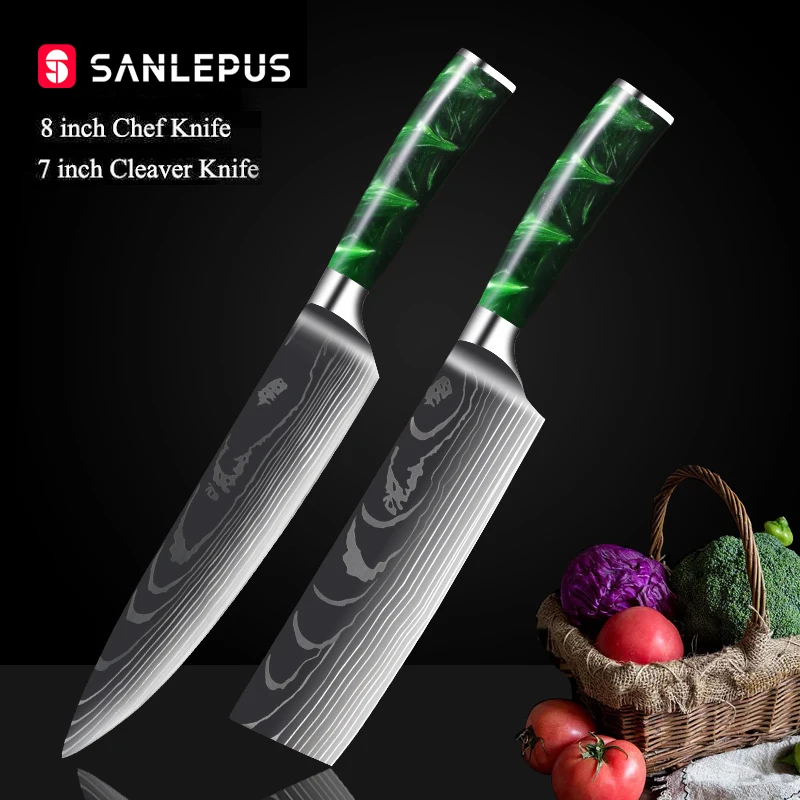SANLEPUS 2PCS Kitchen Knives Set Laser Damascus pattern chef knife Sharp Santoku Cleaver Slicing Utility Resin Handle | Дом и сад