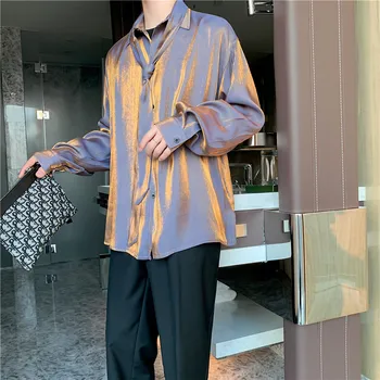 

SHENGYUJIN Spring floating led charged light blue shiny shirt 2020 male loose lazy mermaid Ji discolor glitter shirt net red