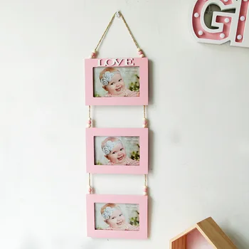 

Wall-mounted Triple 3 Frame Pastoral Pink Photo Frame Home Hanging Rectangle Wooden Photo Frame Home Decoration