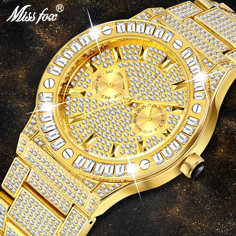 

Men Watches 2020 New Arrival MISSFOX Luxury Brand Quartz Watch For Male Fashion Hip Hop Full Diamond Big Dial Silver Wristwatch