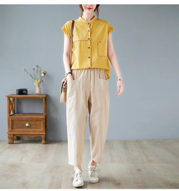 All-match High Waist Harem Pants 2021 New Arrival Thin Cotton Linen Loose Summer Casual Pants Pockets Office Lady OL Work Pants khaki pants
